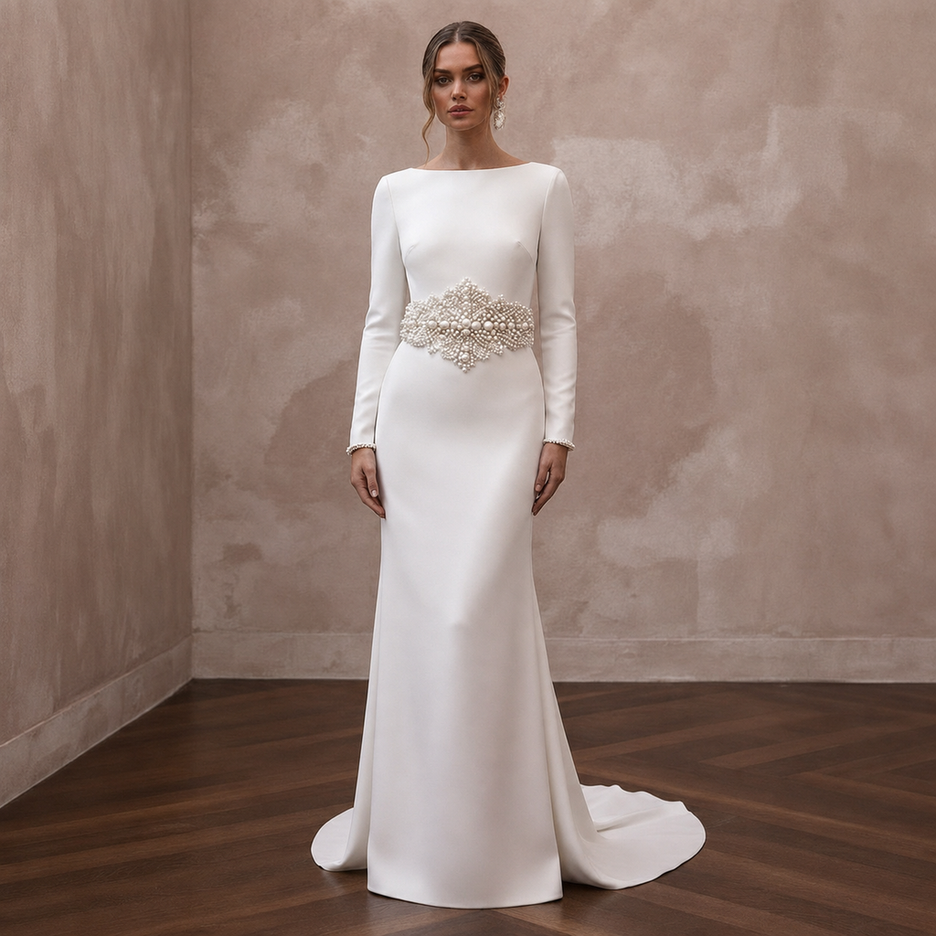 Elegant Wedding Dresses with Pearl Waist Embellishments