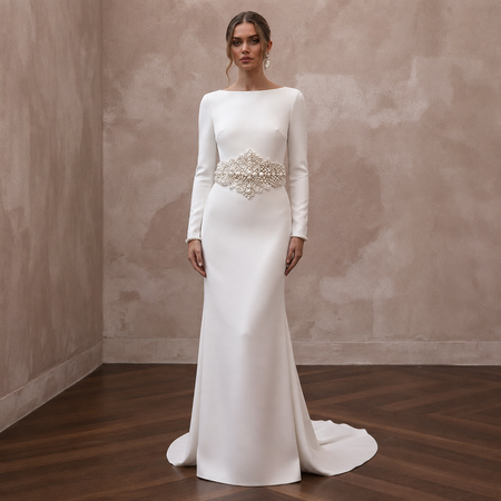 Elegant Wedding Dresses with Pearl Waist Embellishments