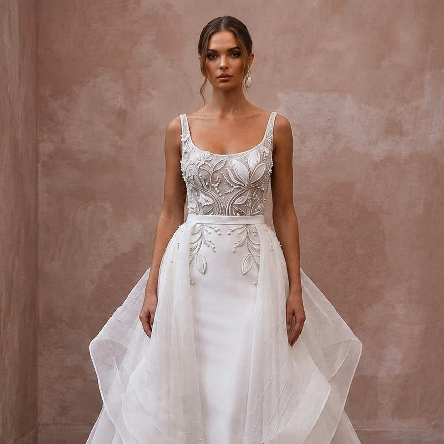 Elegant Wedding Dresses with Silk and Organza Overskirts