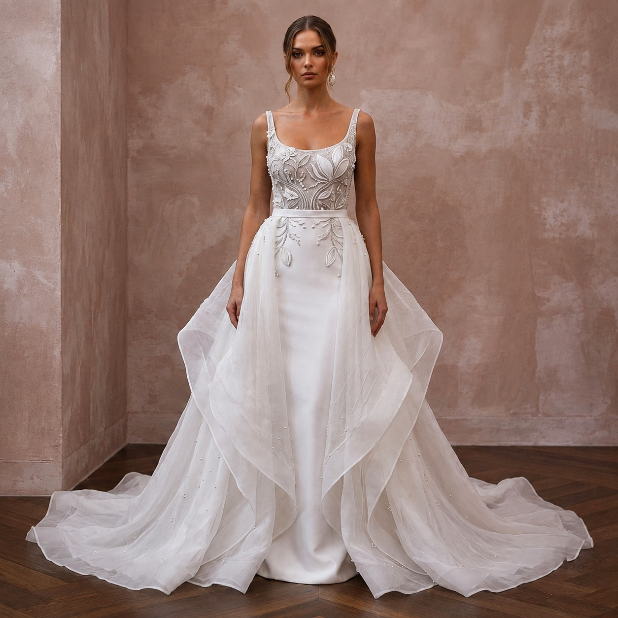 Elegant Wedding Dresses with Silk and Organza Overskirts Main image