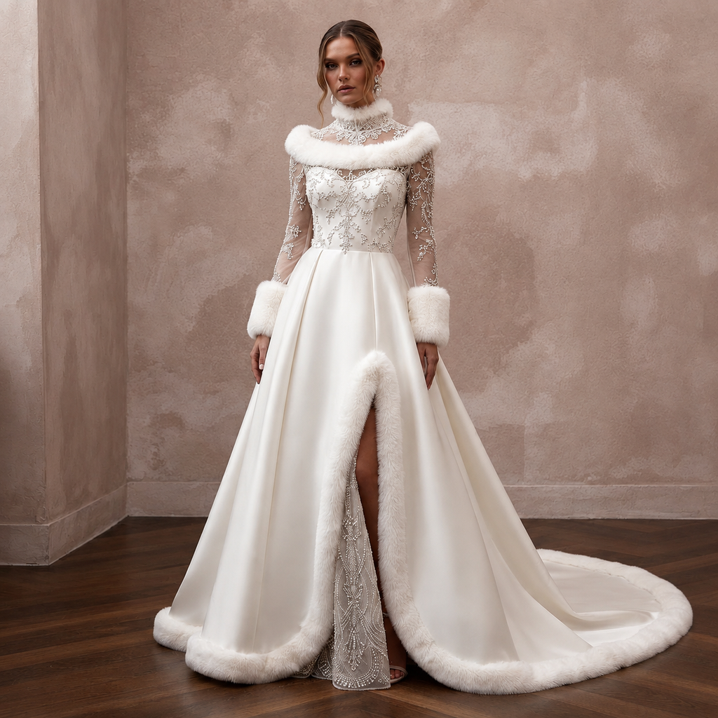 Elegant White Faux Fur Trim Mikado Gown for Winter Vow Renewal