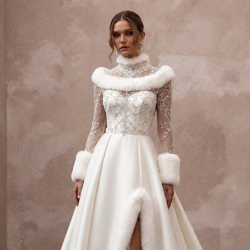 Elegant White Faux Fur Trim Mikado Gown for Winter Vow Renewal - Apparel & Accessories > Clothing > Wedding & Bridal Party Dresses > Wedding Dresses - Mignonette Bridal