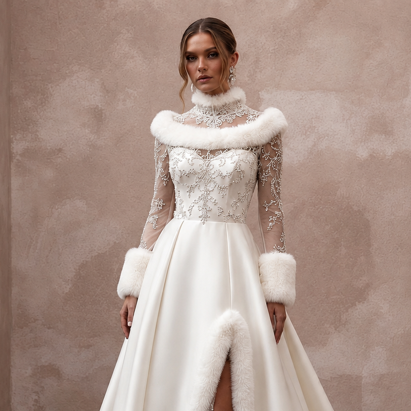 Elegant White Faux Fur Trim Mikado Gown for Winter Vow Renewal