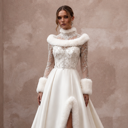 Elegant White Faux Fur Trim Mikado Gown for Winter Vow Renewal