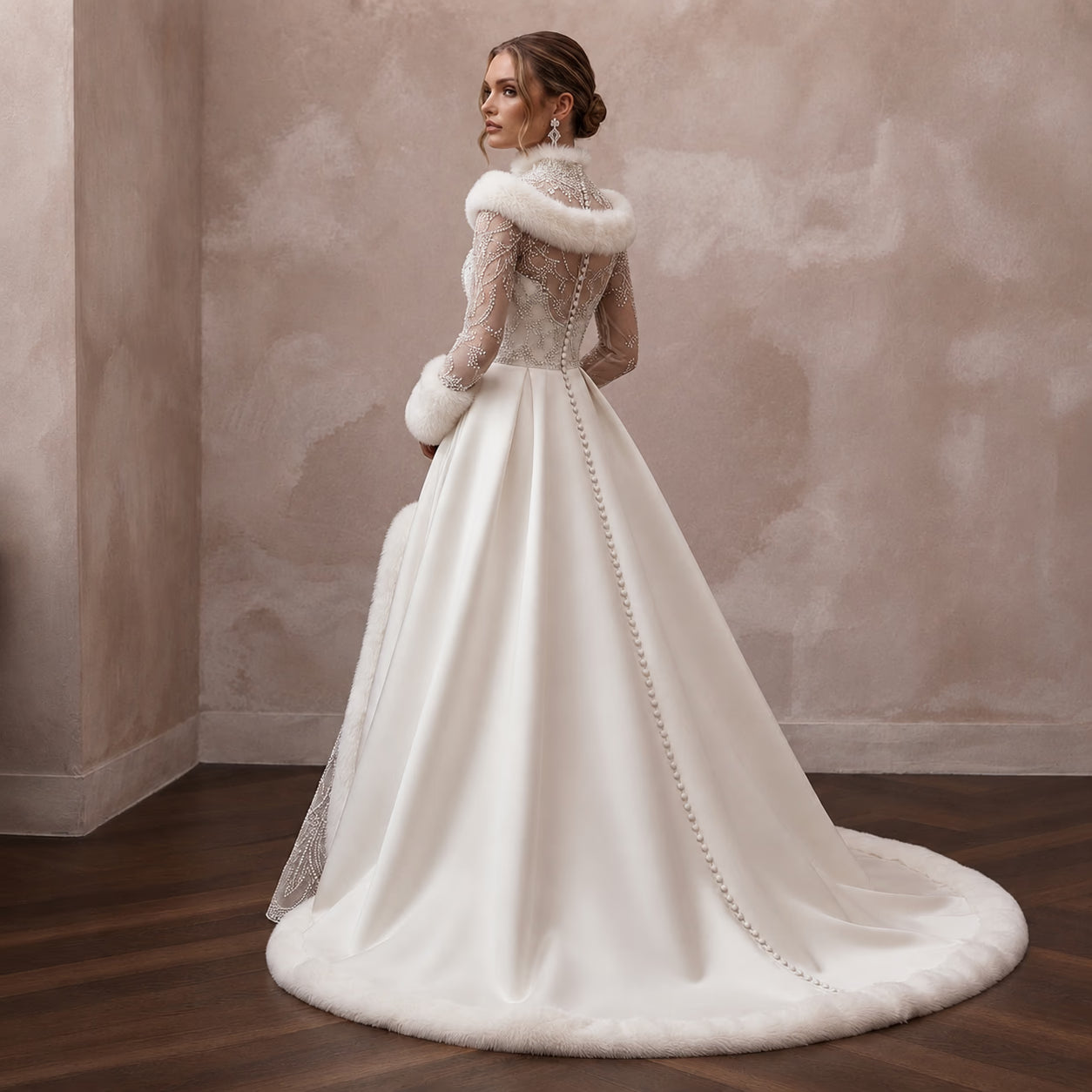 Elegant White Faux Fur Trim Mikado Gown for Winter Vow Renewal Secondary image