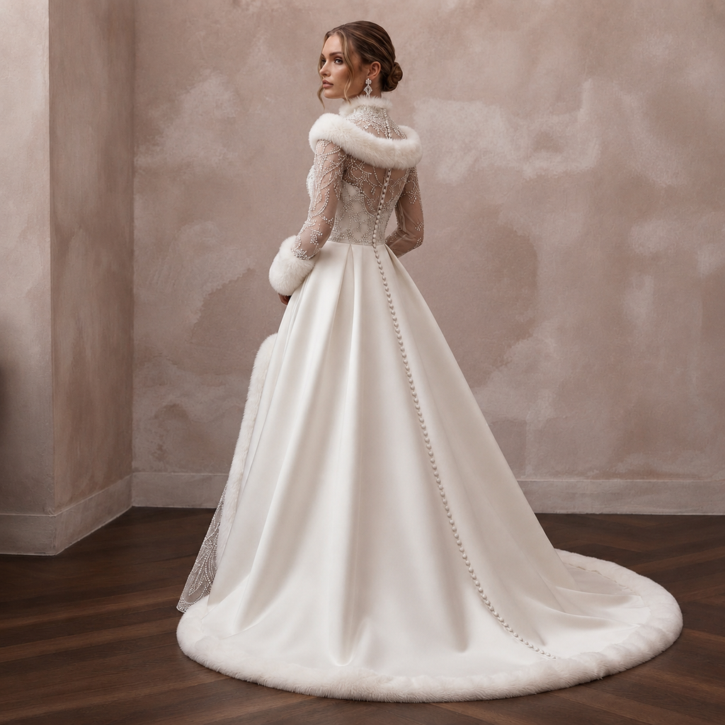 Elegant White Faux Fur Trim Mikado Gown for Winter Vow Renewal