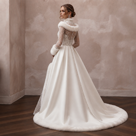 Elegant White Faux Fur Trim Mikado Gown for Winter Vow Renewal
