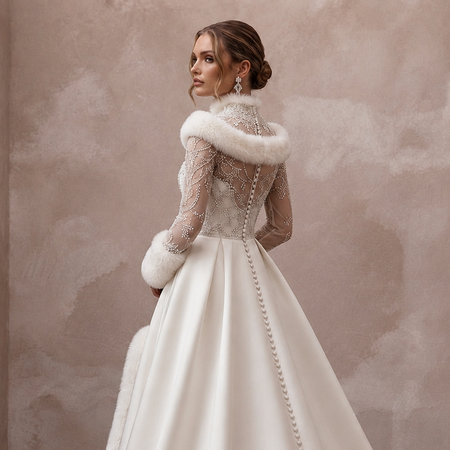 Elegant White Faux Fur Trim Mikado Gown for Winter Vow Renewal