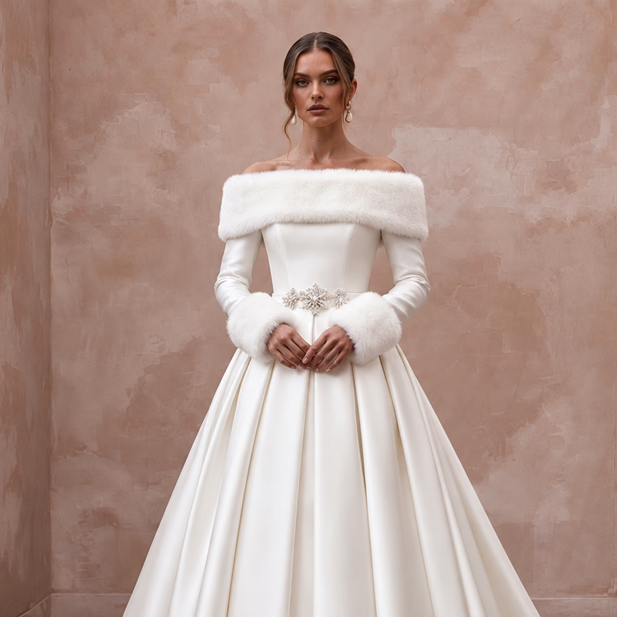 Elegant White Faux Fur Trim Mikado Wedding Gown for Winter Vow Renewal