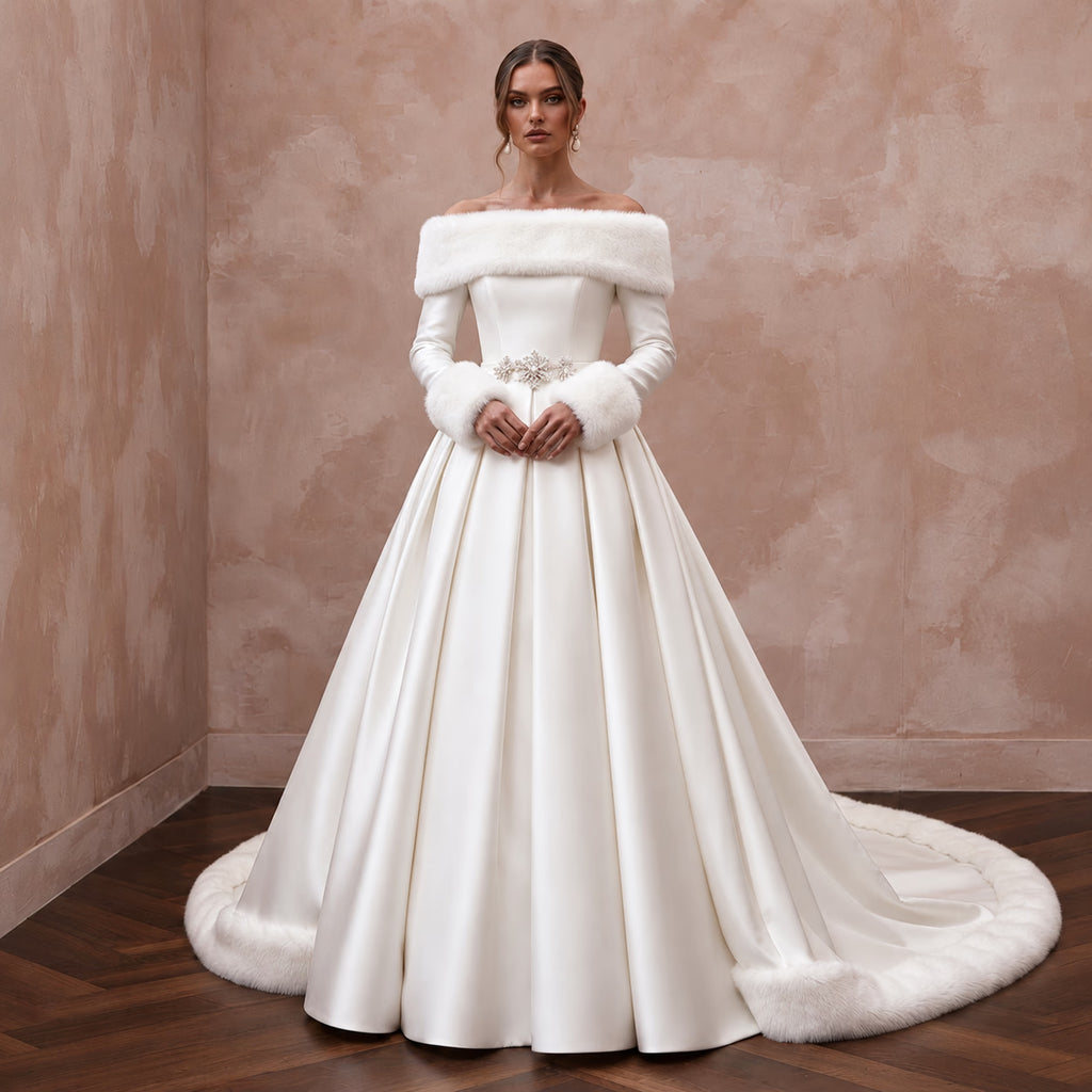 Elegant White Faux Fur Trim Mikado Wedding Gown for Winter Vow Renewal