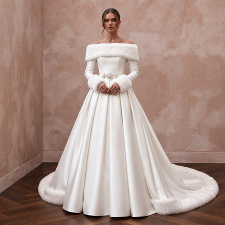 Elegant White Faux Fur Trim Mikado Wedding Gown for Winter Vow Renewal