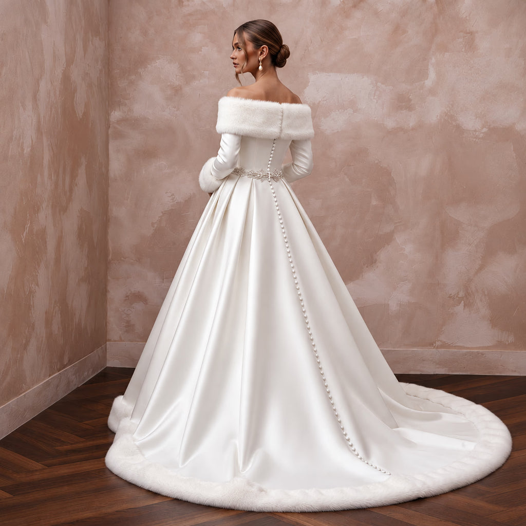 Elegant White Faux Fur Trim Mikado Wedding Gown for Winter Vow Renewal