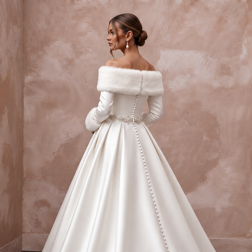 Elegant White Faux Fur Trim Mikado Wedding Gown for Winter Vow Renewal