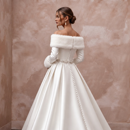 Elegant White Faux Fur Trim Mikado Wedding Gown for Winter Vow Renewal