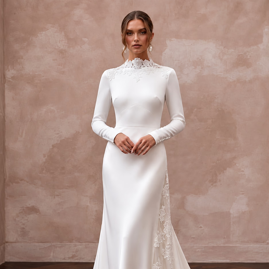 Elegant White Silk Charmeuse Long Sleeve Bridal Gown for Engagement