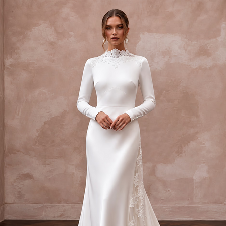 Elegant White Silk Charmeuse Long Sleeve Bridal Gown for Engagement