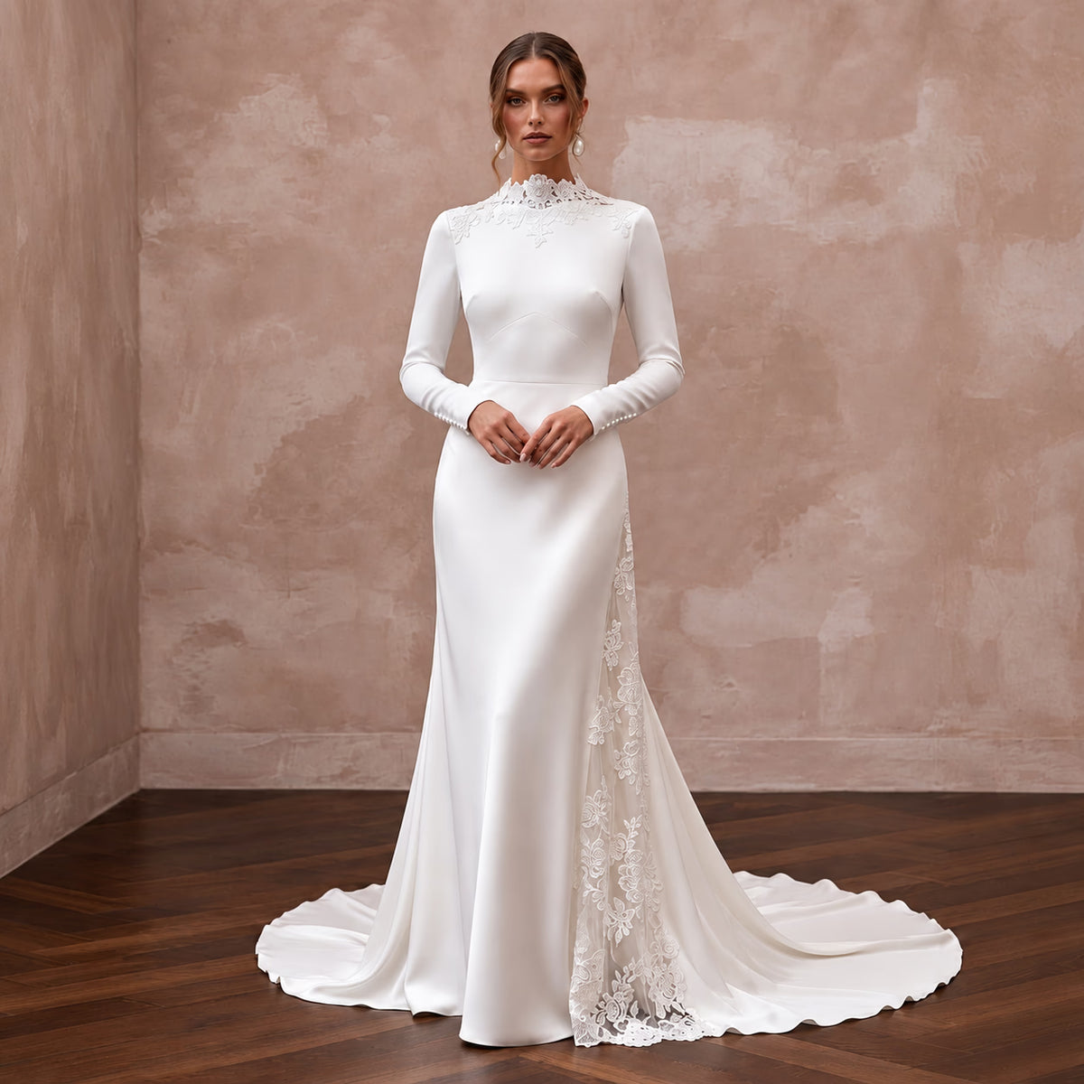 Elegant White Silk Charmeuse Long Sleeve Bridal Gown for Engagement - Apparel & Accessories > Clothing > Wedding & Bridal Party Dresses > Wedding Dresses - Mignonette Bridal Main image