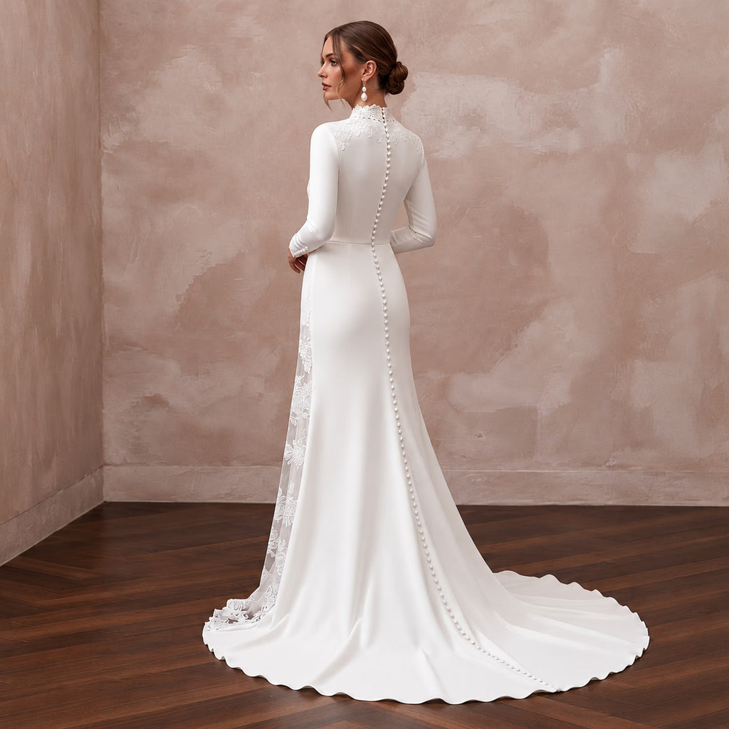 Elegant White Silk Charmeuse Long Sleeve Bridal Gown for Engagement