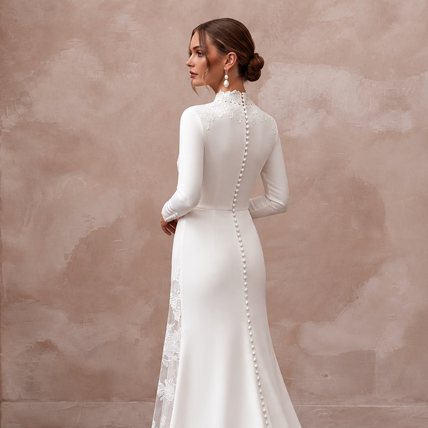 Elegant White Silk Charmeuse Long Sleeve Bridal Gown for Engagement
