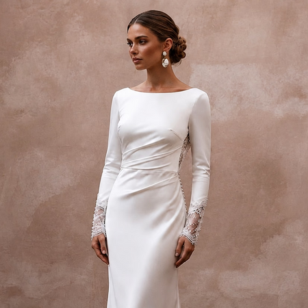 Elegant White Silk Charmeuse Long Sleeve Dress for Engagement - Apparel & Accessories > Clothing > Wedding & Bridal Party Dresses > Wedding Dresses - Mignonette Bridal