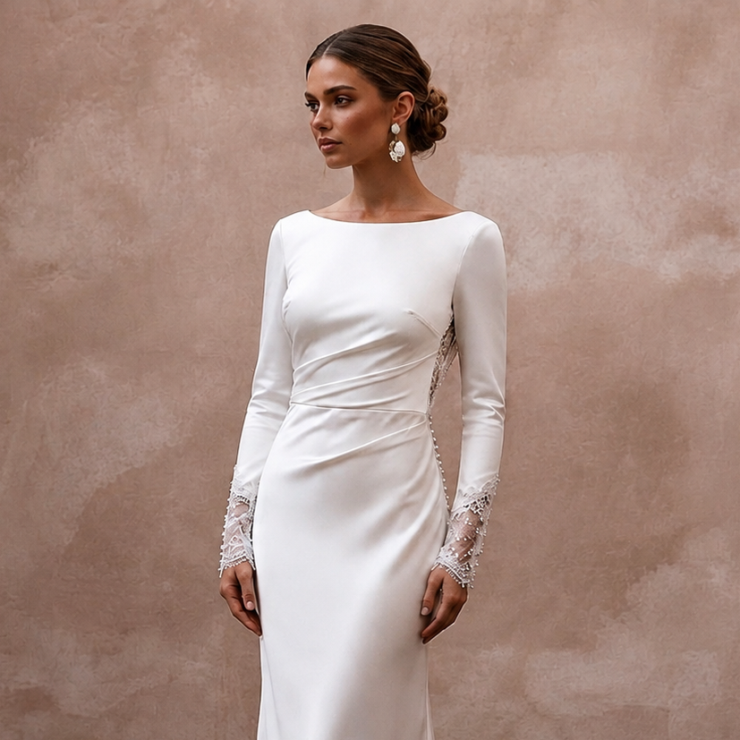 Elegant White Silk Charmeuse Long Sleeve Dress for Engagement
