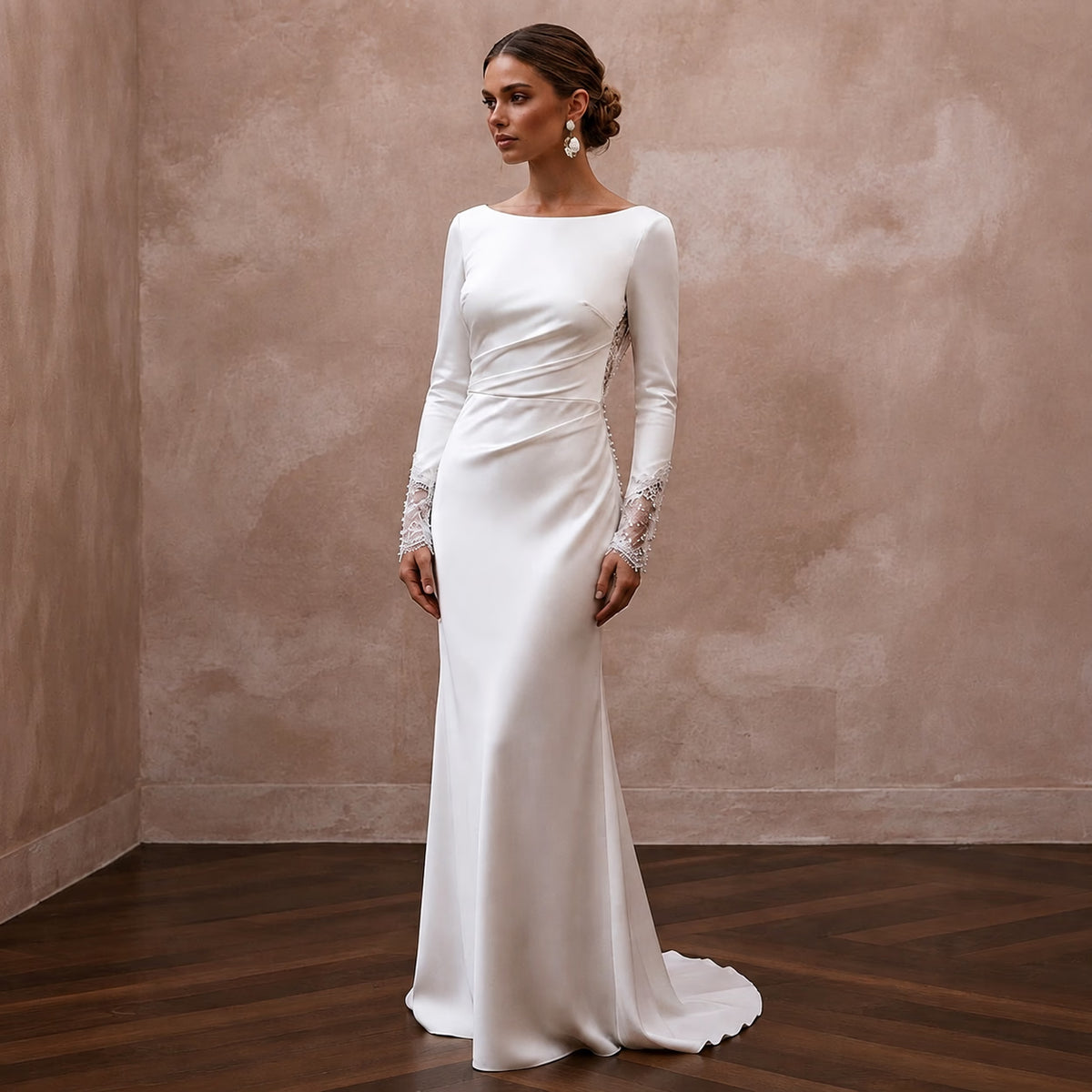 Elegant White Silk Charmeuse Long Sleeve Dress for Engagement - Apparel & Accessories > Clothing > Wedding & Bridal Party Dresses > Wedding Dresses - Mignonette Bridal Main image