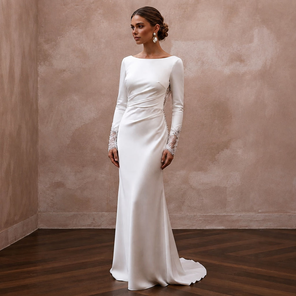 Elegant White Silk Charmeuse Long Sleeve Dress for Engagement - Apparel & Accessories > Clothing > Wedding & Bridal Party Dresses > Wedding Dresses - Mignonette Bridal