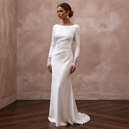 Elegant White Silk Charmeuse Long Sleeve Dress for Engagement - Apparel & Accessories > Clothing > Wedding & Bridal Party Dresses > Wedding Dresses - Mignonette Bridal