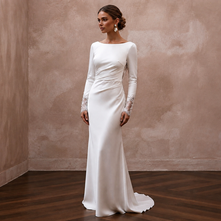 Elegant White Silk Charmeuse Long Sleeve Dress for Engagement