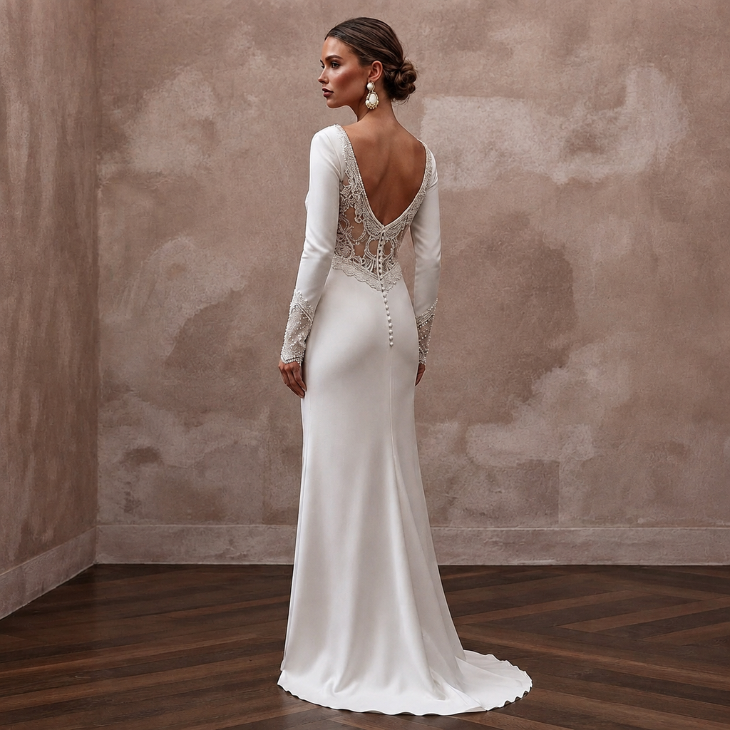 Elegant White Silk Charmeuse Long Sleeve Dress for Engagement