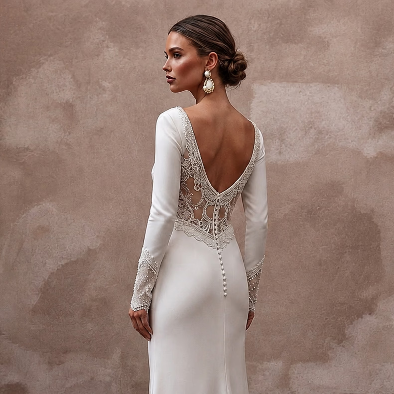 Elegant White Silk Charmeuse Long Sleeve Dress for Engagement - Apparel & Accessories > Clothing > Wedding & Bridal Party Dresses > Wedding Dresses - Mignonette Bridal