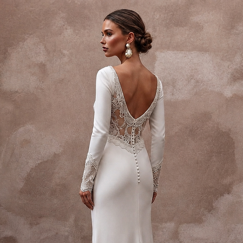 Elegant White Silk Charmeuse Long Sleeve Dress for Engagement