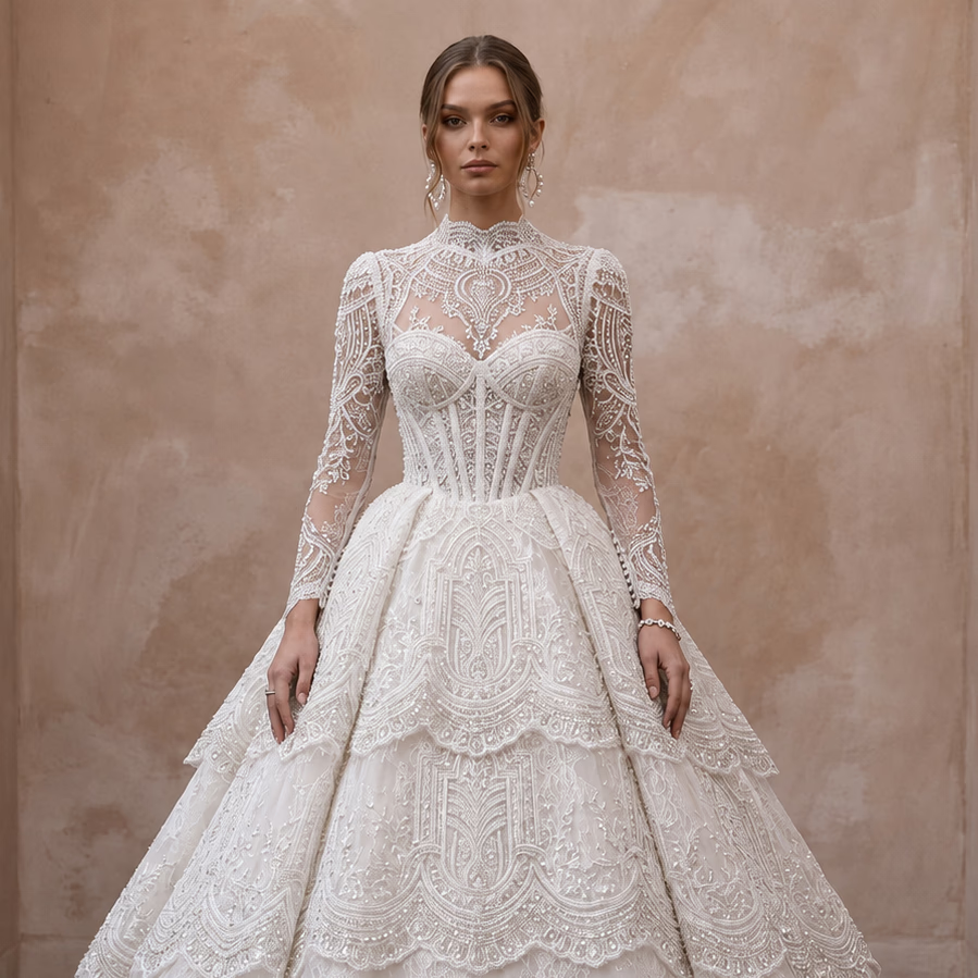 Embellished Lace Wedding Gown for a Black-Tie Ceremony