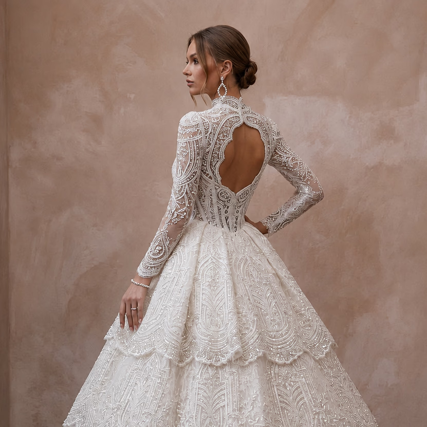 Embellished Lace Wedding Gown for a Black-Tie Ceremony