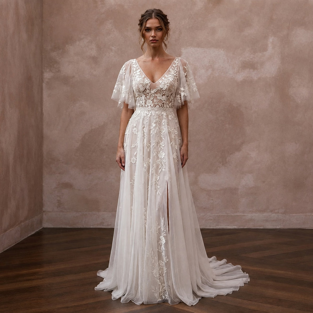 Embroidered Chiffon Wedding Dress with Flutter Sleeves for a Garden Wedding - Apparel & Accessories > Clothing > Wedding & Bridal Party Dresses > Wedding Dresses - Mignonette Bridal Main image