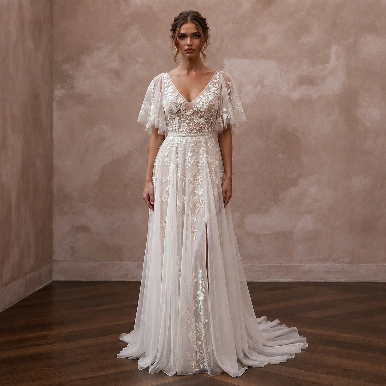Embroidered Chiffon Wedding Dress with Flutter Sleeves for a Garden Wedding