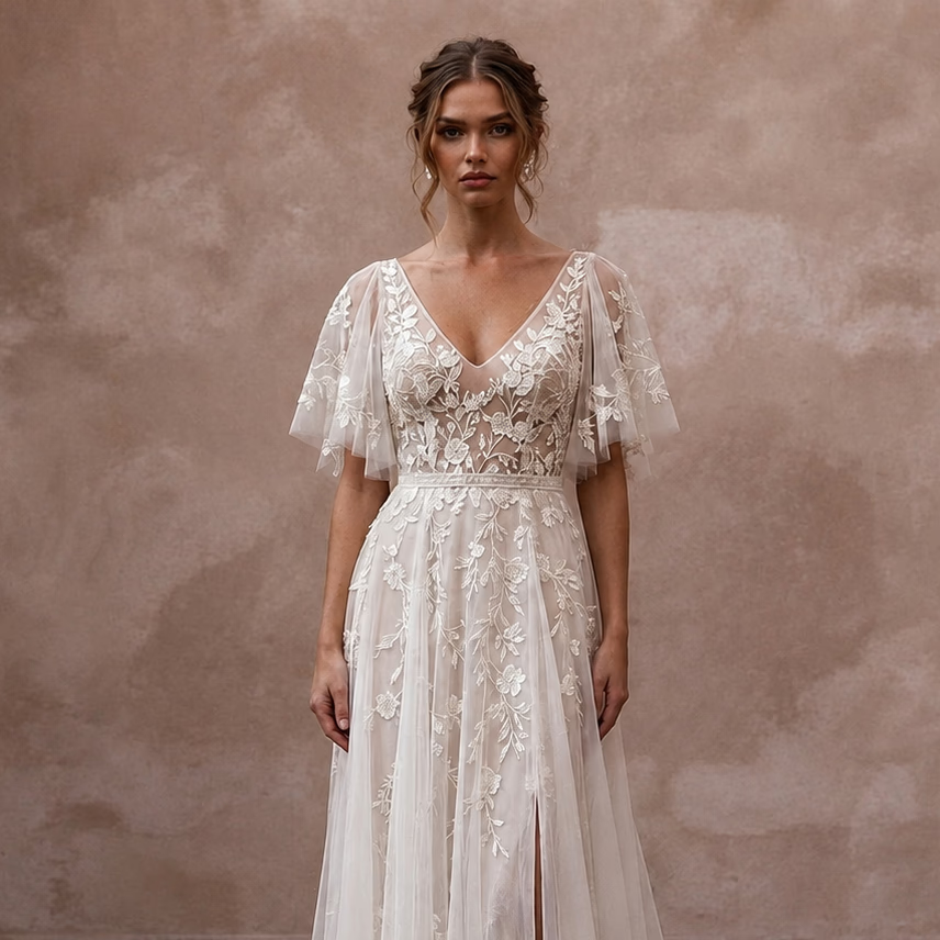 Embroidered Chiffon Wedding Dress with Flutter Sleeves for a Garden Wedding