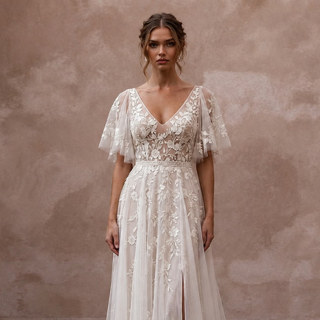 Embroidered Chiffon Wedding Dress with Flutter Sleeves for a Garden Wedding