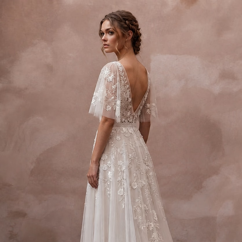 Embroidered Chiffon Wedding Dress with Flutter Sleeves for a Garden Wedding