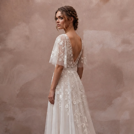 Embroidered Chiffon Wedding Dress with Flutter Sleeves for a Garden Wedding