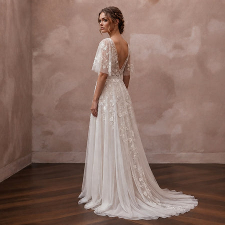 Embroidered Chiffon Wedding Dress with Flutter Sleeves for a Garden Wedding