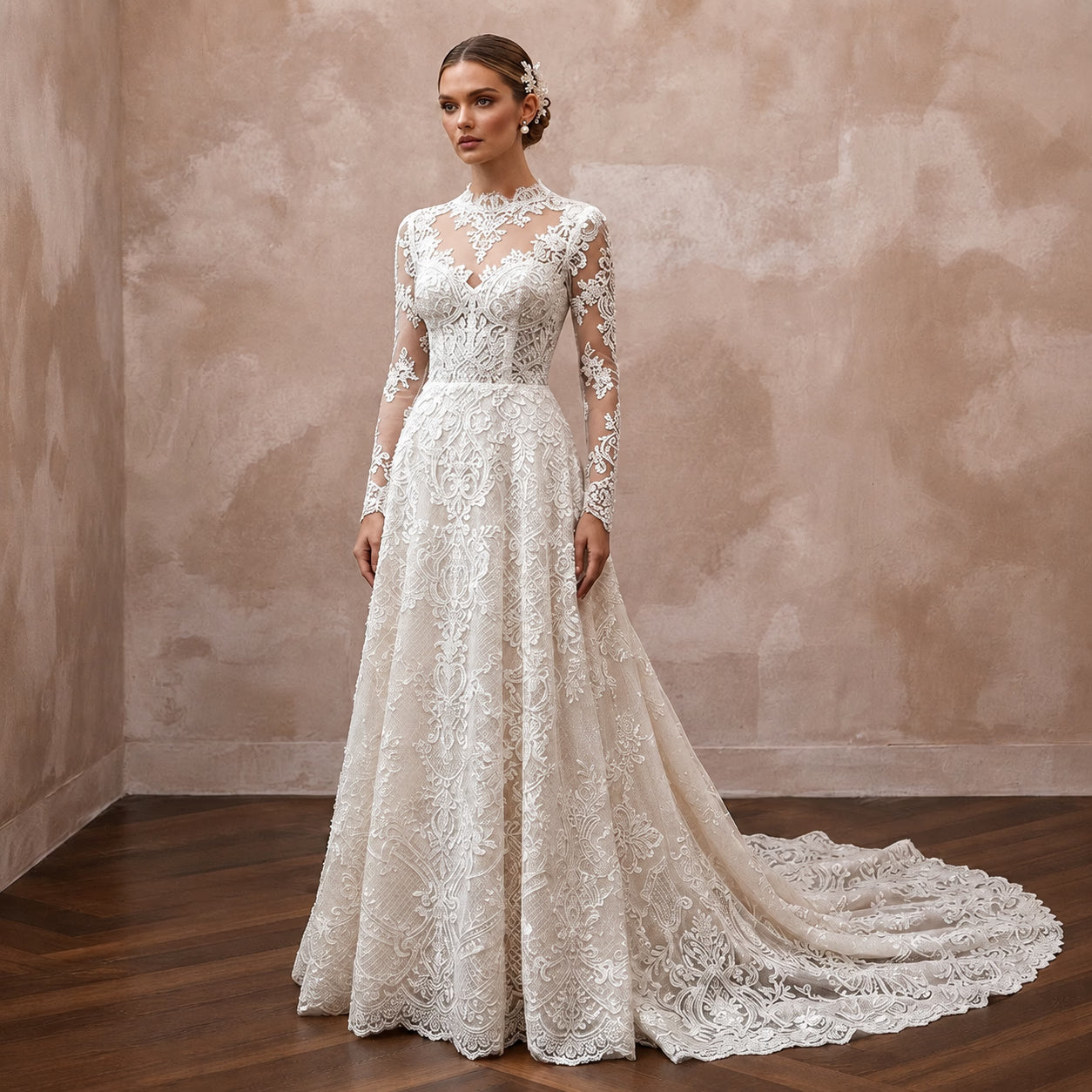 Embroidered Lace Wedding Gown for a Winter Church Ceremony