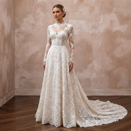Embroidered Lace Wedding Gown for a Winter Church Ceremony