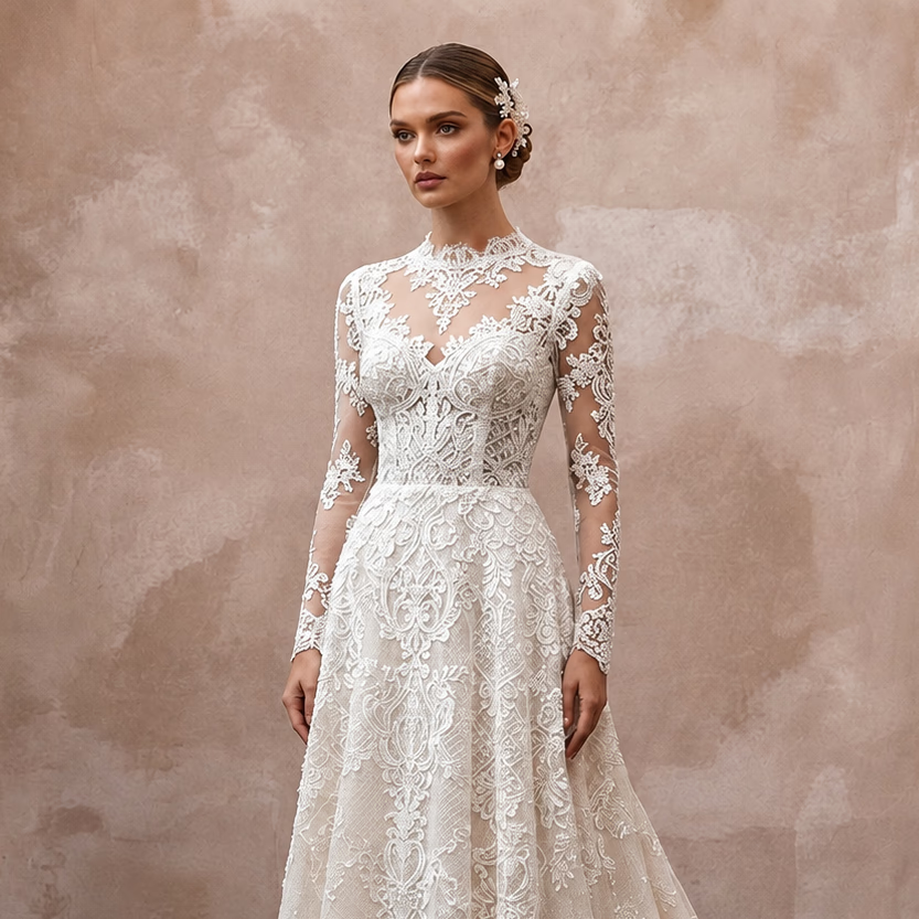 Embroidered Lace Wedding Gown for a Winter Church Ceremony