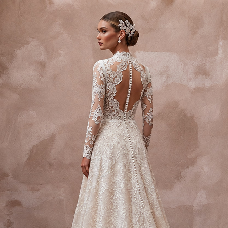 Embroidered Lace Wedding Gown for a Winter Church Ceremony