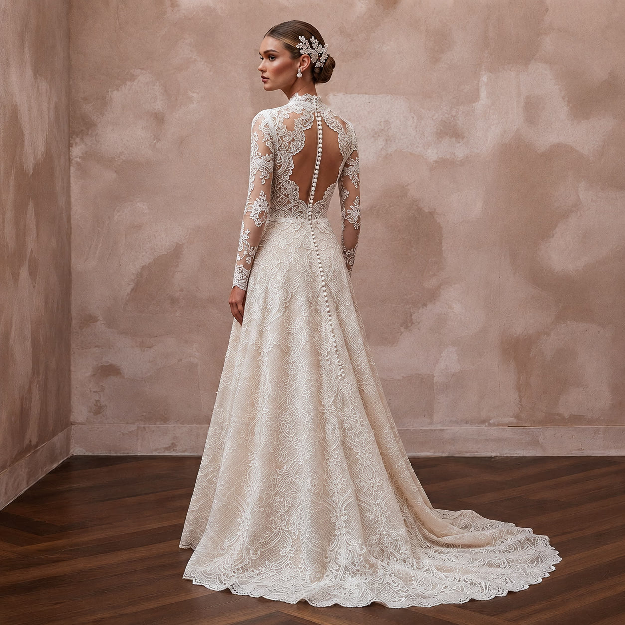 Embroidered Lace Wedding Gown for a Winter Church Ceremony