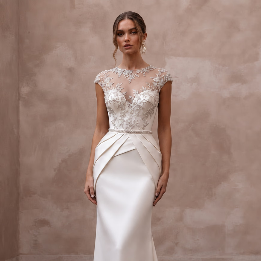 Embroidered Satin Bridal Dress for a Black-Tie Wedding
