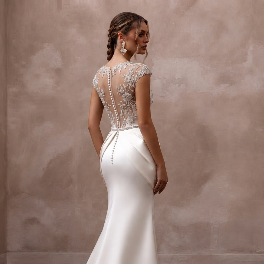Embroidered Satin Bridal Dress for a Black-Tie Wedding