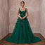 Emerald Green 3D Floral Applique Tulle A-Line Prom Gown