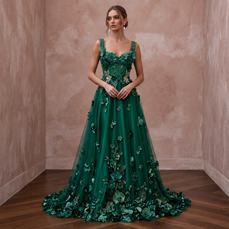 Emerald Green 3D Floral Applique Tulle A-Line Prom Gown